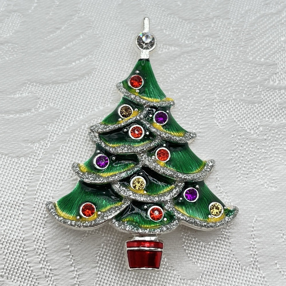 Unmarked Macy's Christmas Tree Brooch w/ Rhinestone & Glitter Enamel READ